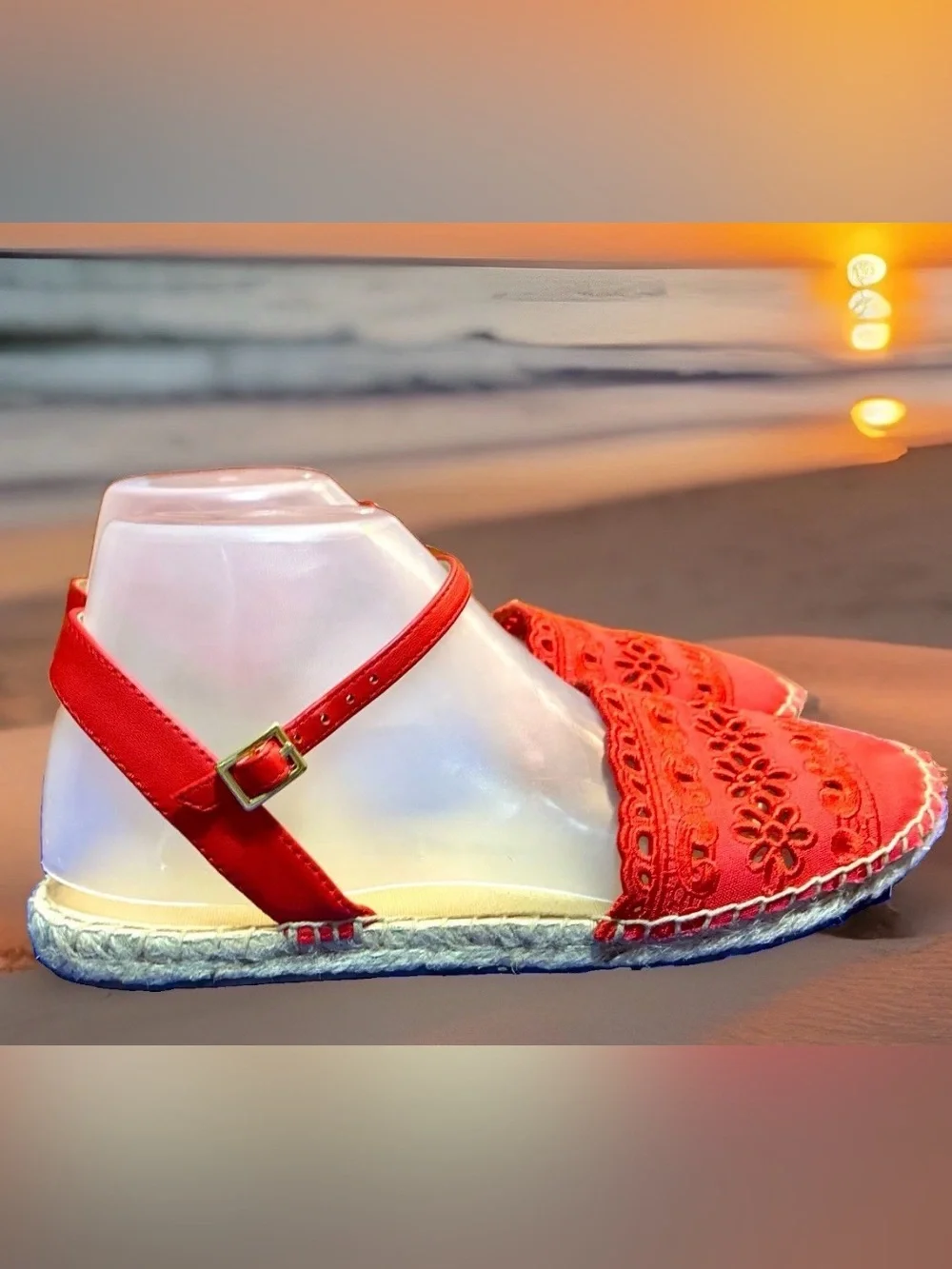 Talbots Size 7 Izzy d’Orsay Canvas Eyelet Espadrille Sandal Flats Red Cotton